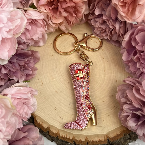 Pink and Red Crystal High Heel Boot Keychain Charm - Picture 2 of 14
